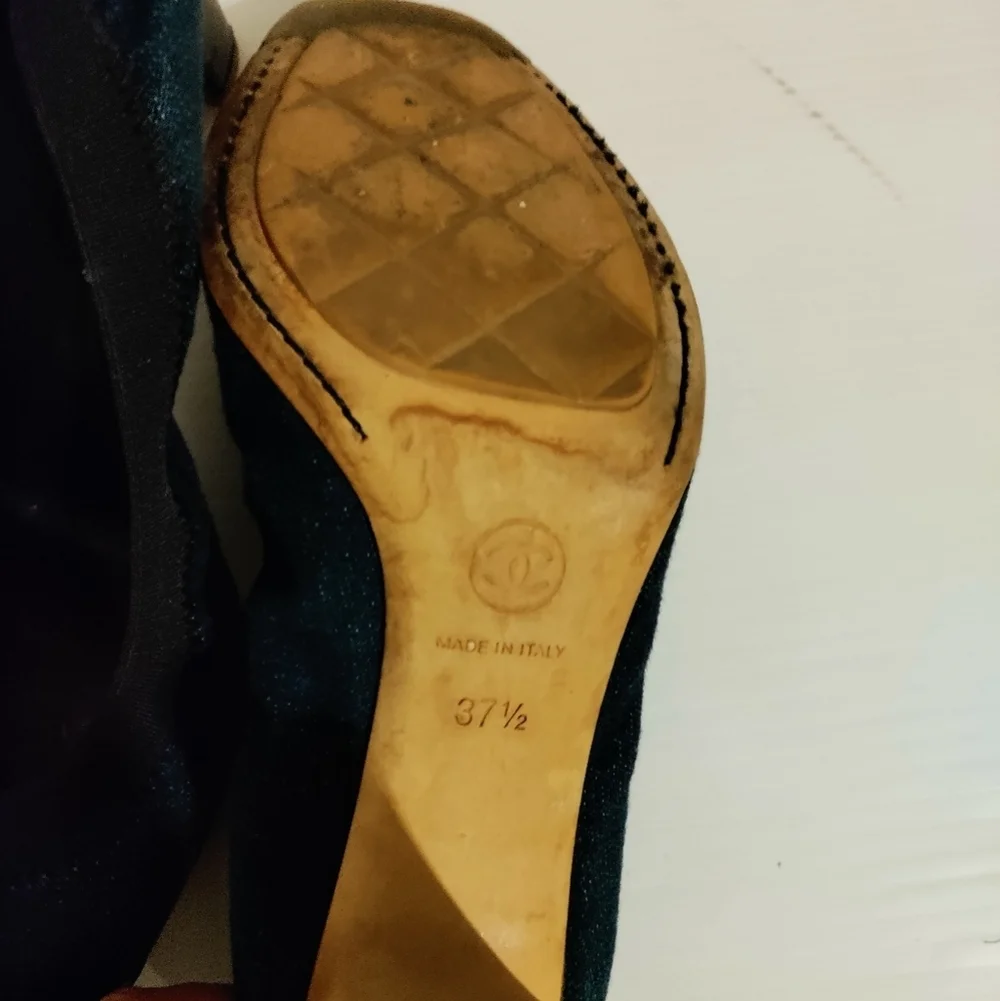 CHANEL Ballet w Heels- Blue Jeans Leather 37.5 - 7US